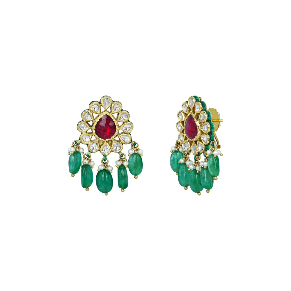 Red Gemstone Earrings with Polkis and Emerald Drops